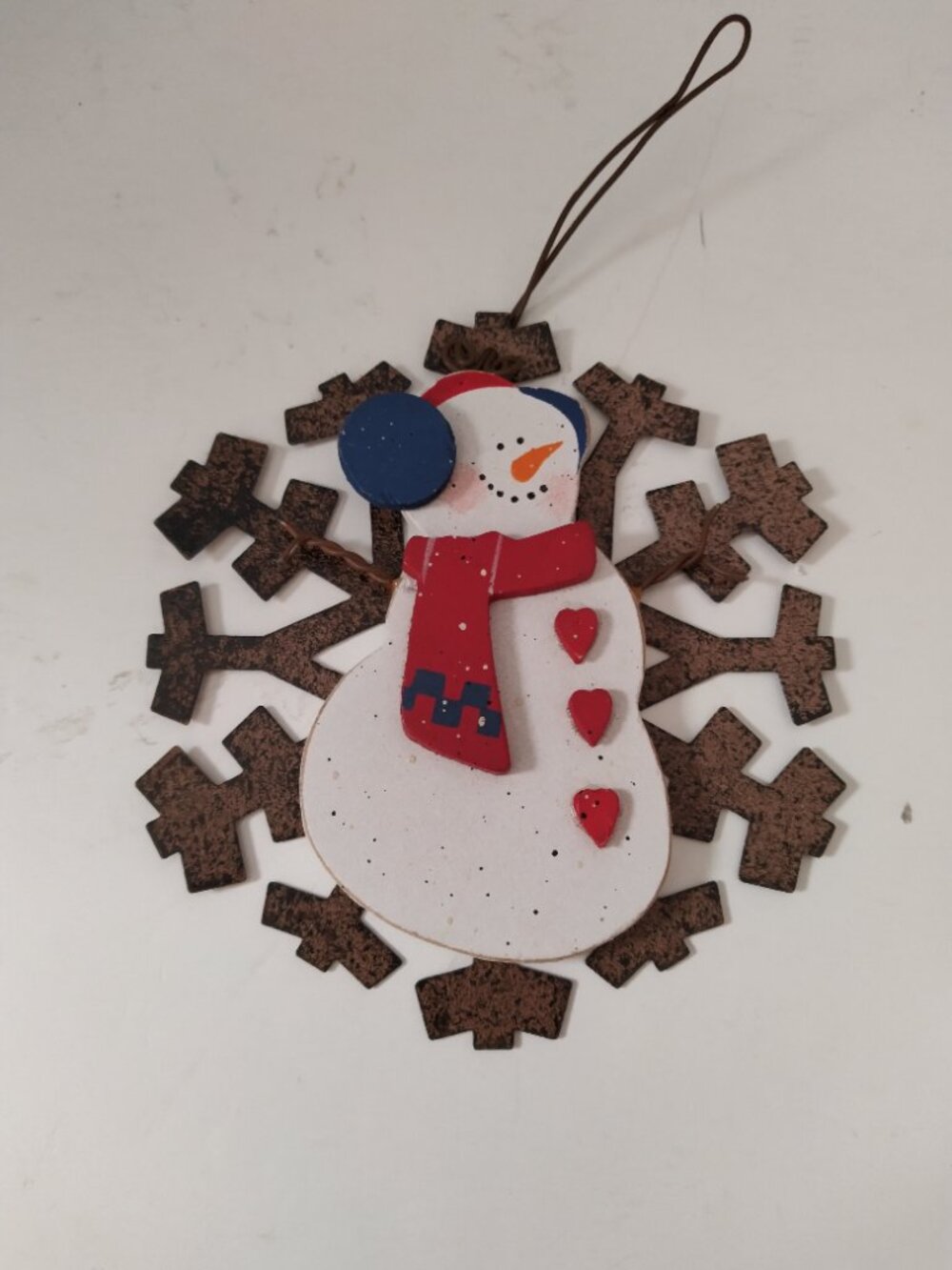 Vintage Metal and Wood Snowman Xmas Ornament